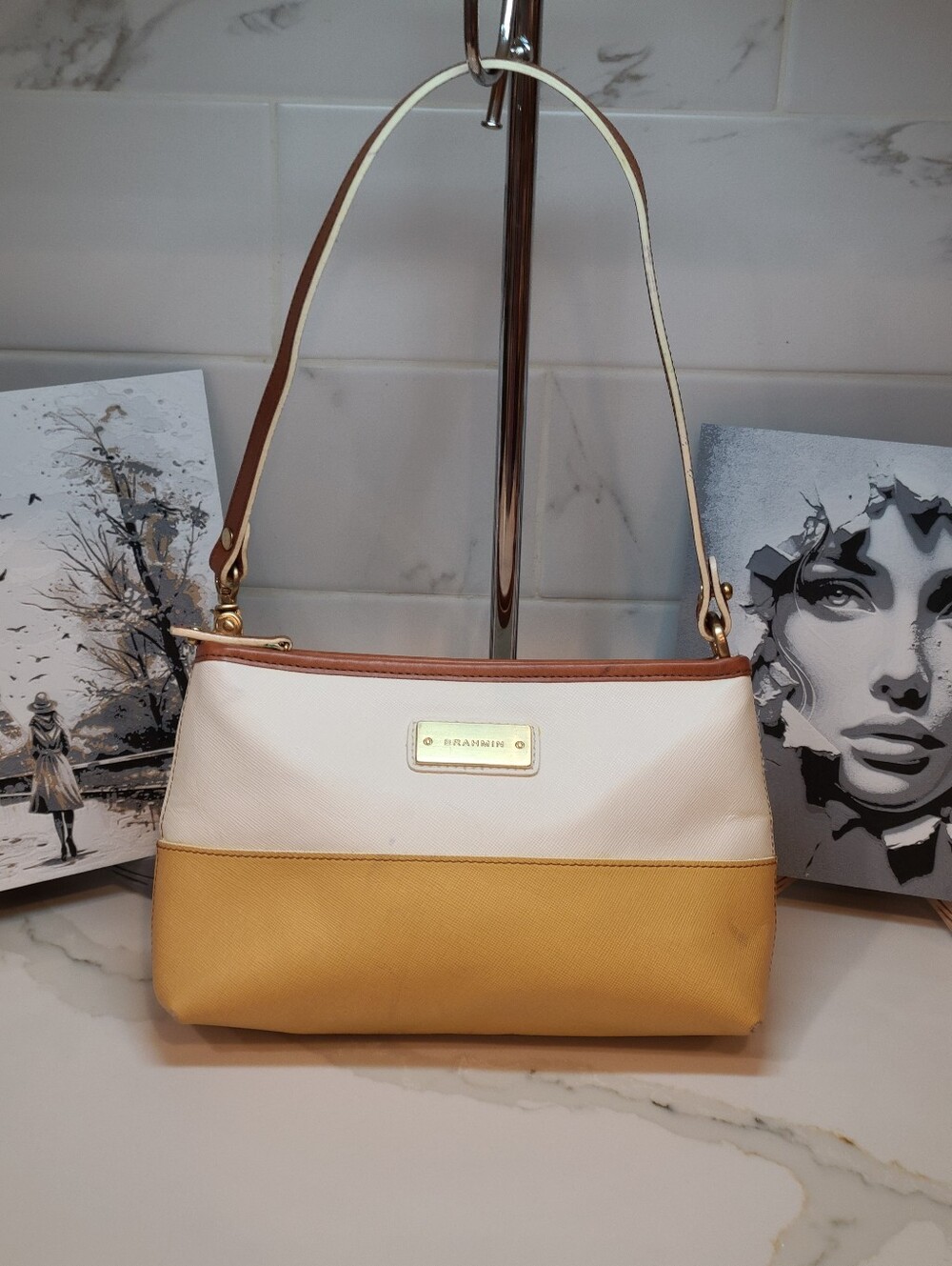 Brahmin Lorelei Two-Tone Yellow & White Leather Shoulder Bag Fair